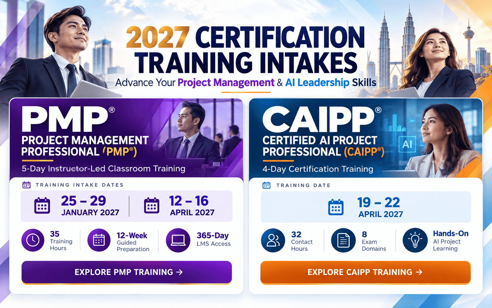 Global Master 2027 Certification Training in Malaysia — PMP Classroom Training on 25–29 January and 12–16 April 2027, and CAIPP AI Project Professional Training on 19–22 April 2027.