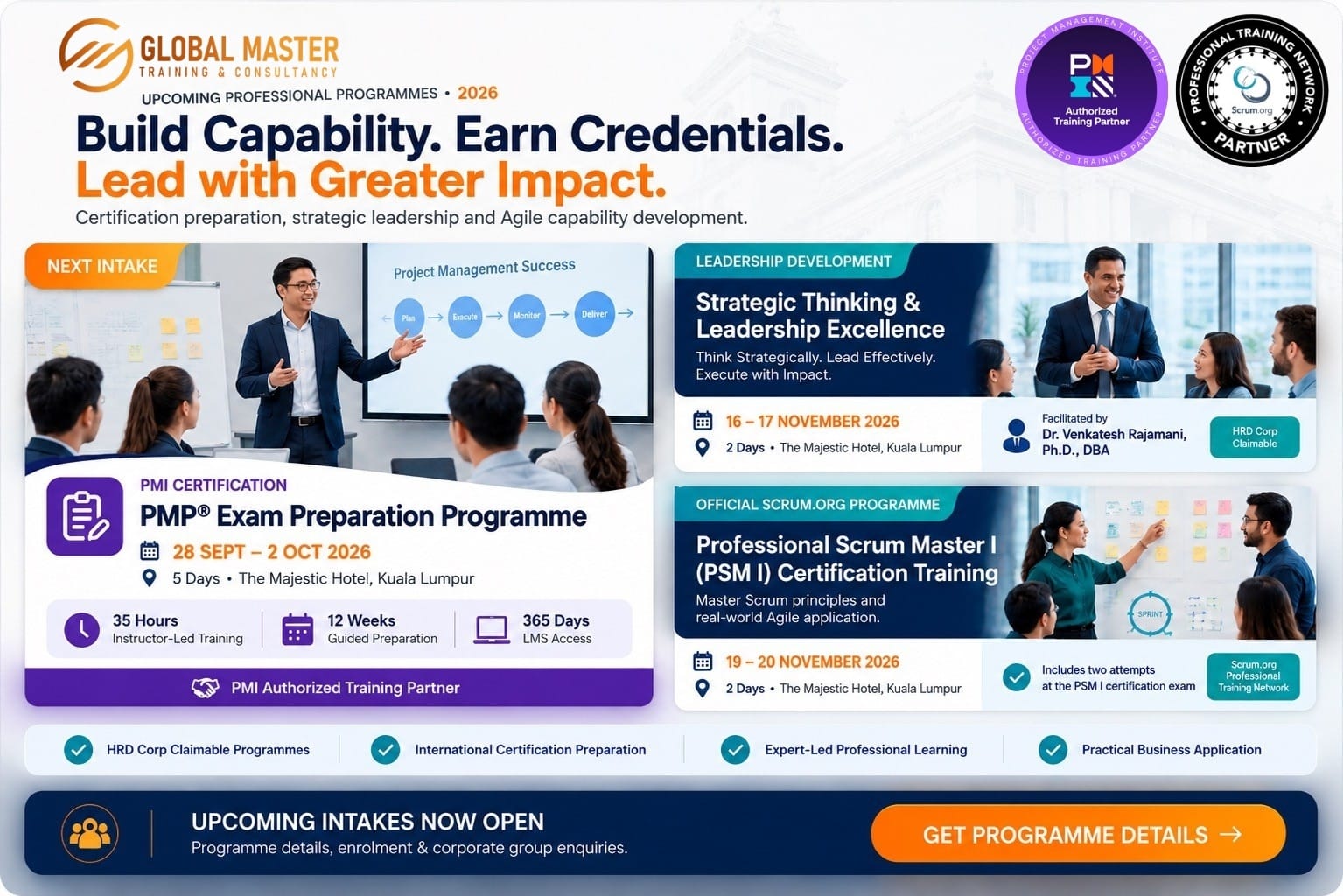 Upcoming professional certification training programmes 2026 by Global Master Training & Consultancy, including PMP, PSM I & Leadership courses in Kuala Lumpur.