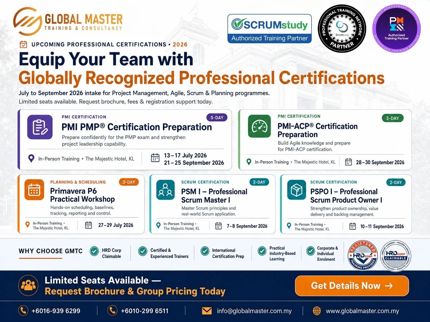 Upcoming professional certification training programmes 2026 by Global Master Training & Consultancy, including PMP, PMI-ACP, Primavera P6, PSM I and PSPO I courses in Kuala Lumpur.