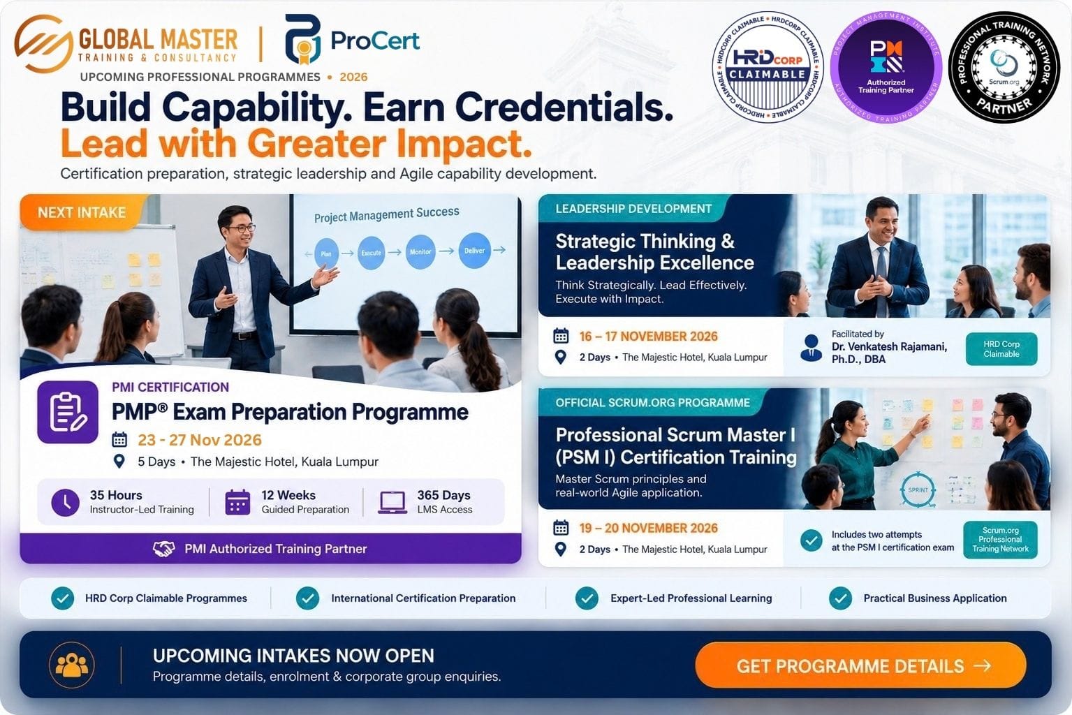 Upcoming professional certification training programmes 2026 by Global Master Training & Consultancy, including PMP, PSM I & Leadership courses in Kuala Lumpur.